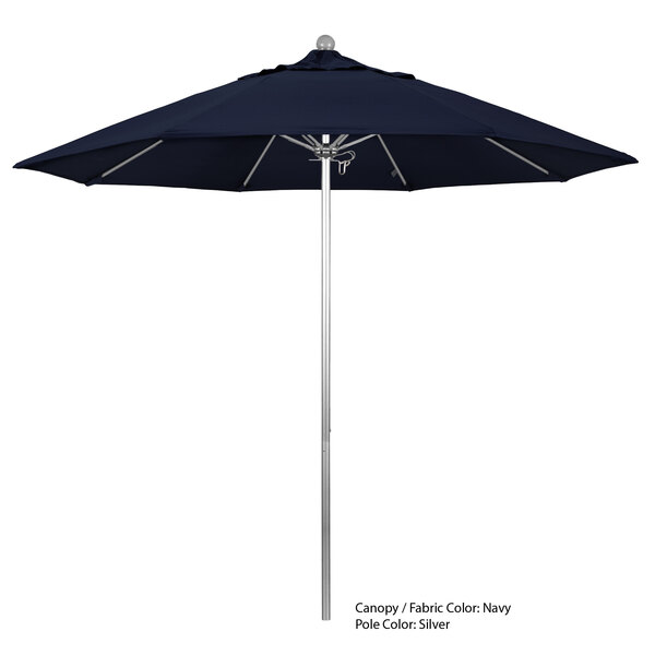 A California Umbrella ALTO 908 blue umbrella with a silver metal pole.