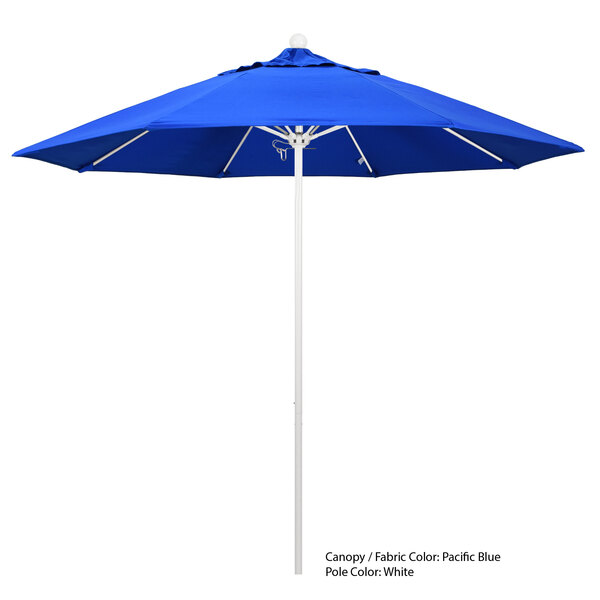 A blue umbrella with a white pole.