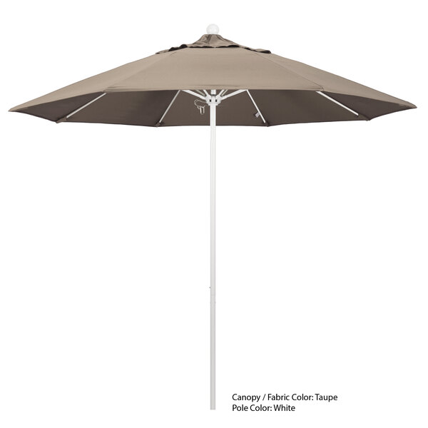 A white California Umbrella with a brown Sunbrella canopy.