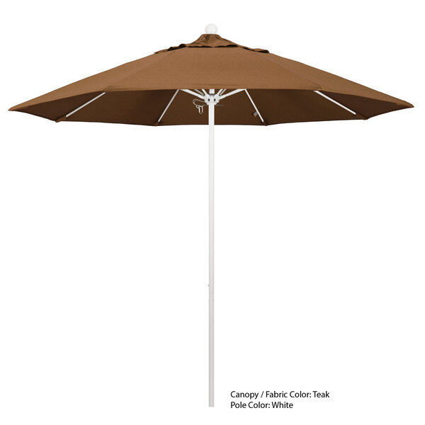 A brown California Umbrella with white aluminum pole.