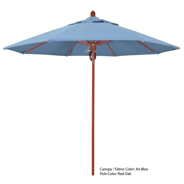 A blue California Umbrella with a red pole.