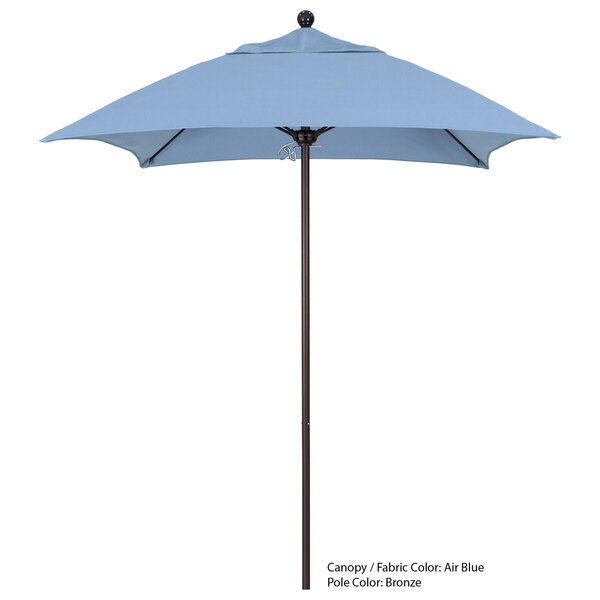 A blue California Umbrella on a black pole.
