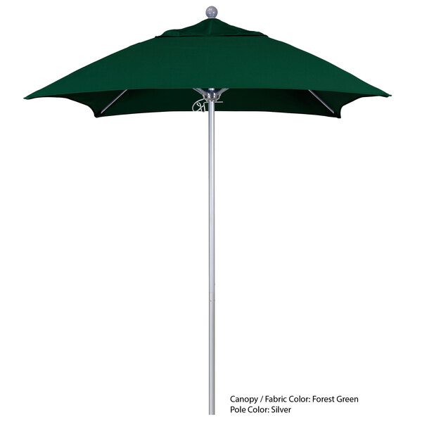 A green California Umbrella with a metal pole on a white background.