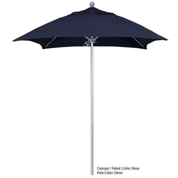 A black California Umbrella with a silver pole.