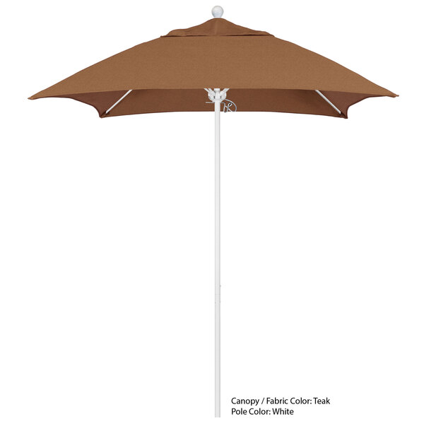 A brown umbrella with a white pole.