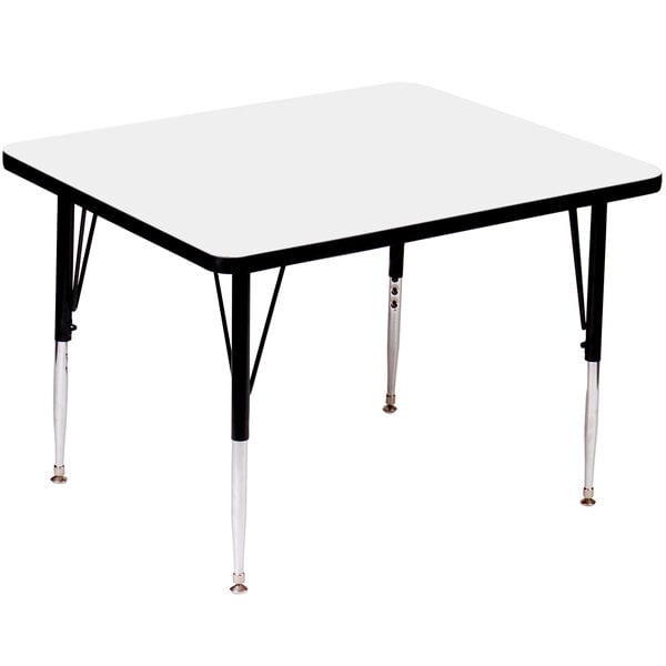 A white square Correll activity table with black legs.