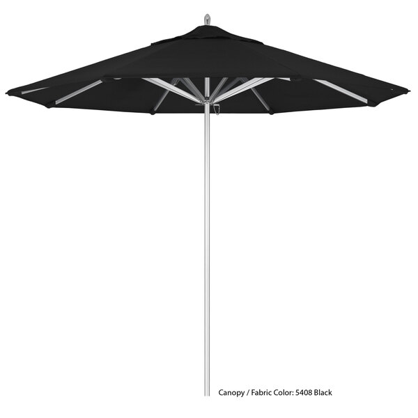A black California Umbrella with a white pole.