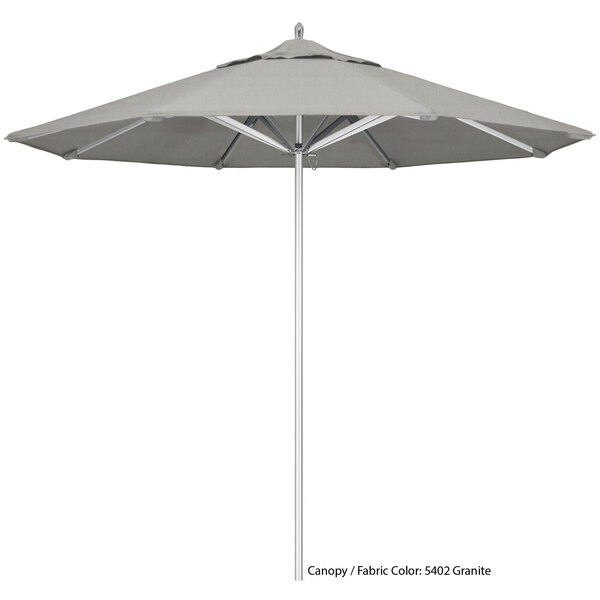 A California Umbrella Rodeo Sunbrella umbrella with a grey pole.