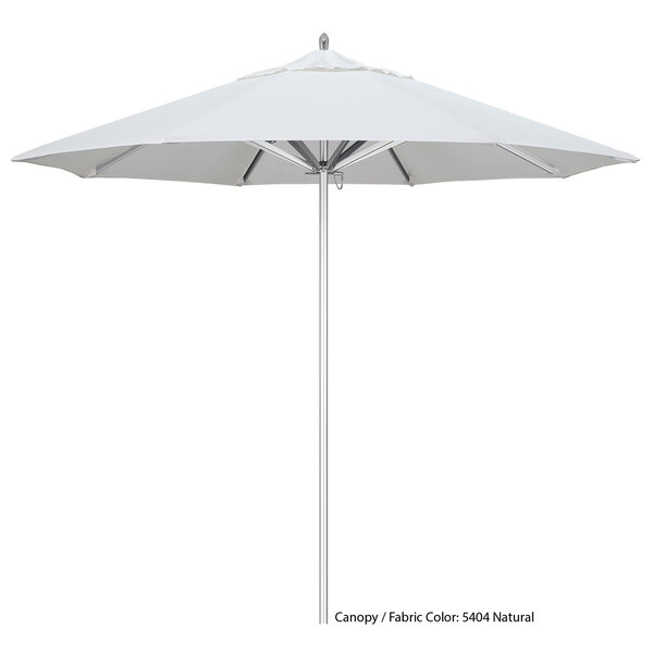 A white California Umbrella with a metal pole.