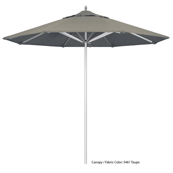 A close-up of a grey California Umbrella with a white pole.