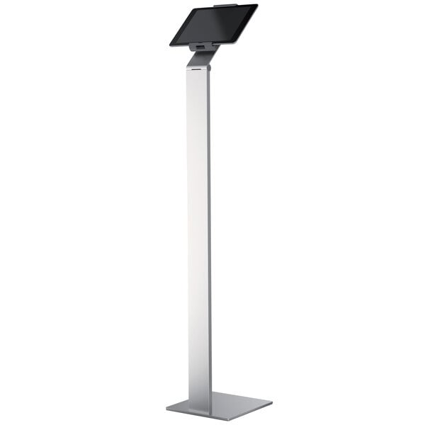 A silver metal floor stand holding a tablet.