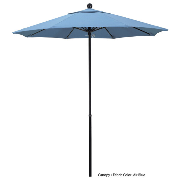 A blue California Umbrella with a black pole and ball on top.