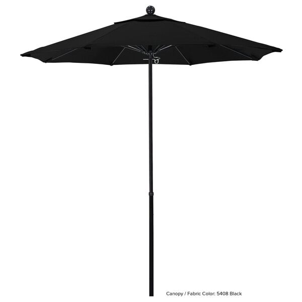 A black California Umbrella with a fiberglass pole.