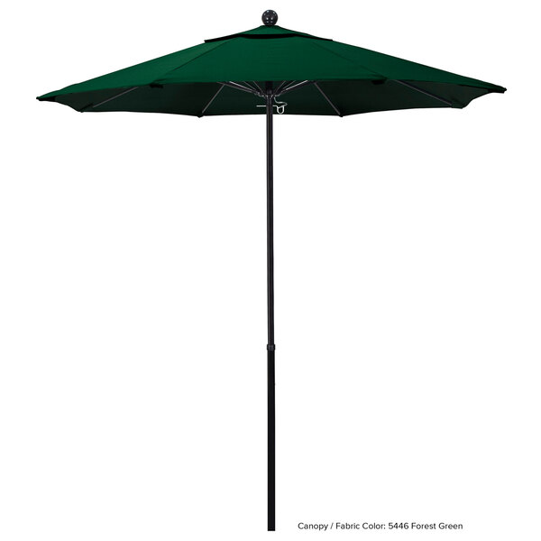 A green California Umbrella with a black pole.