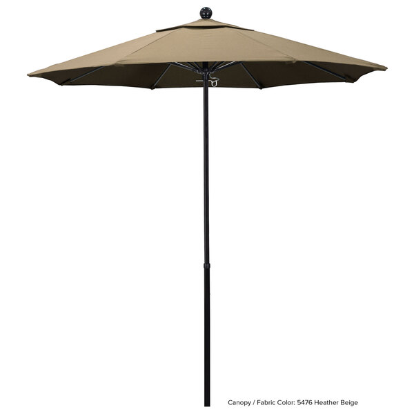 A California Umbrella Oceanside Sunbrella canopy on a black pole.