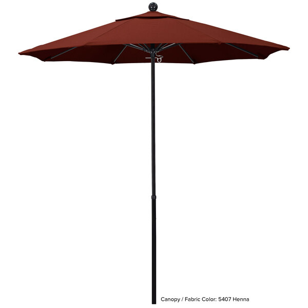 A red California Umbrella with a Sunbrella canopy on a black pole.