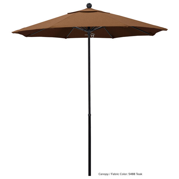 A brown California Umbrella with a black pole.