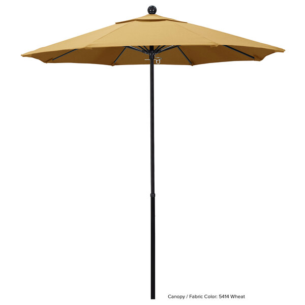 A California Umbrella Oceanside Sunbrella canopy on a black pole.