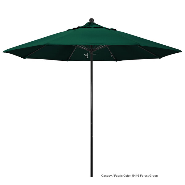 A green California Umbrella with a black pole on a white background.