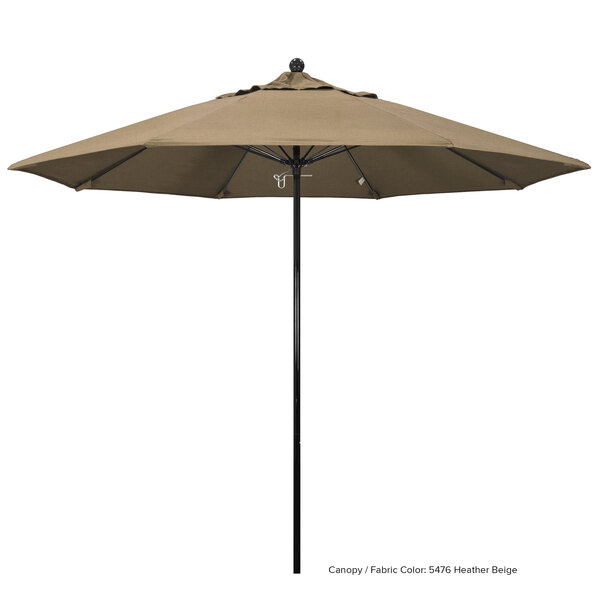 A brown California Umbrella with a black pole.