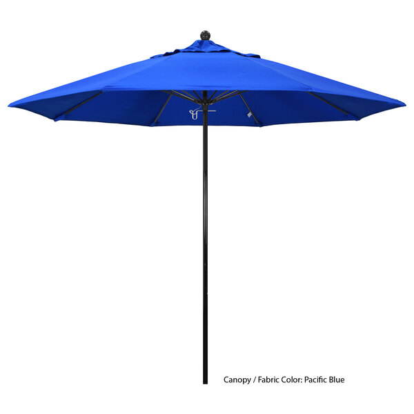 A blue California Umbrella with a Sunbrella canopy and fiberglass pole.