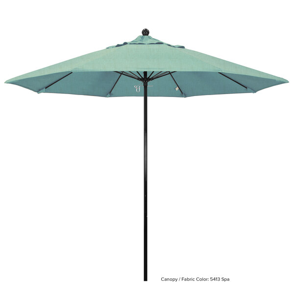 A close-up of a blue California Umbrella with a Sunbrella canopy.