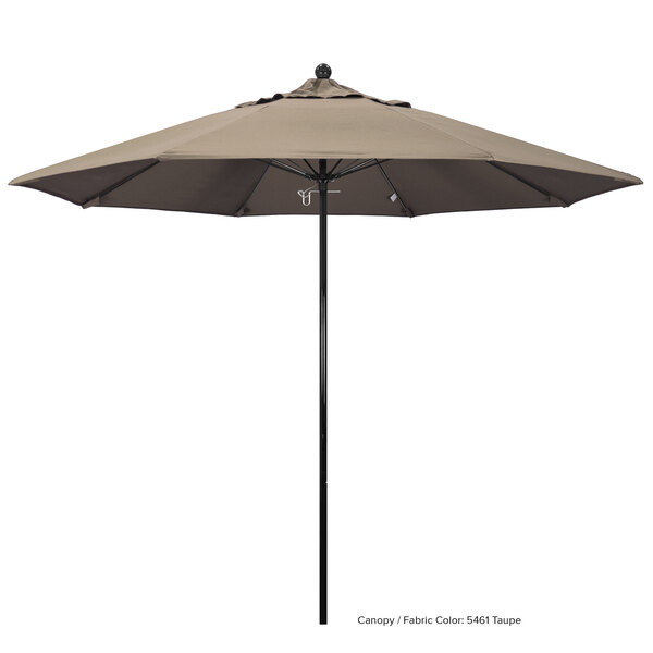 A California Umbrella Oceanside round outdoor umbrella with a beige Sunbrella canopy and a black fiberglass pole.