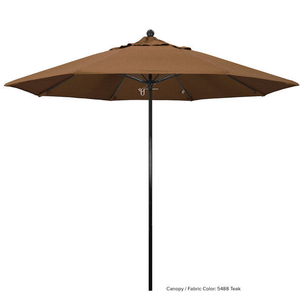 A close-up of a brown California Umbrella with a Sunbrella Oceanside canopy on a white background.