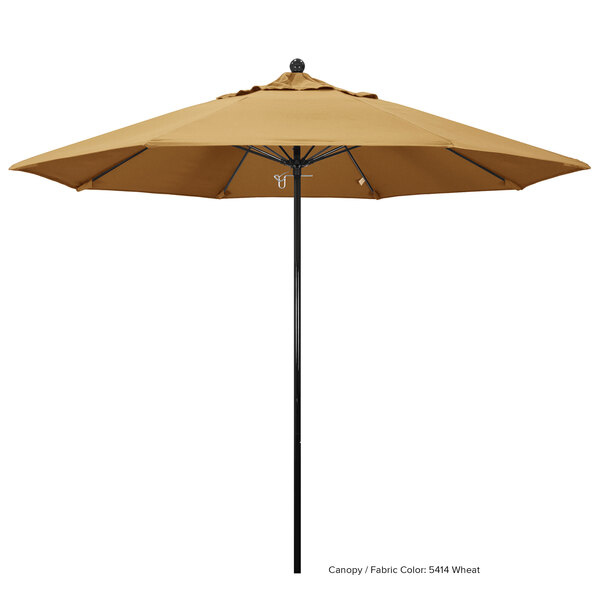 A brown California Umbrella with a Sunbrella Oceanside canopy on a white background.