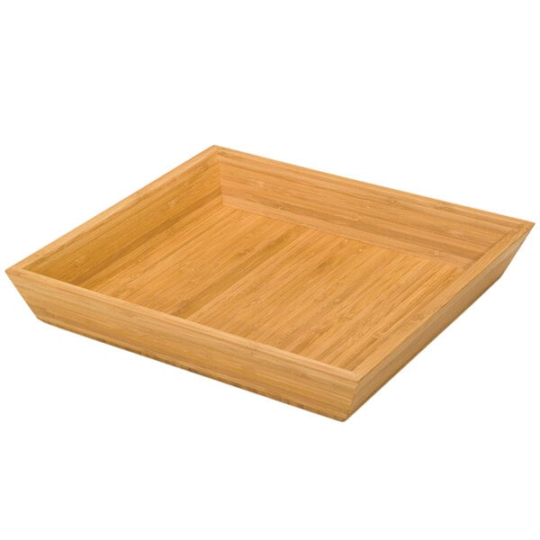 A Delfin square bamboo basket tray on a table.