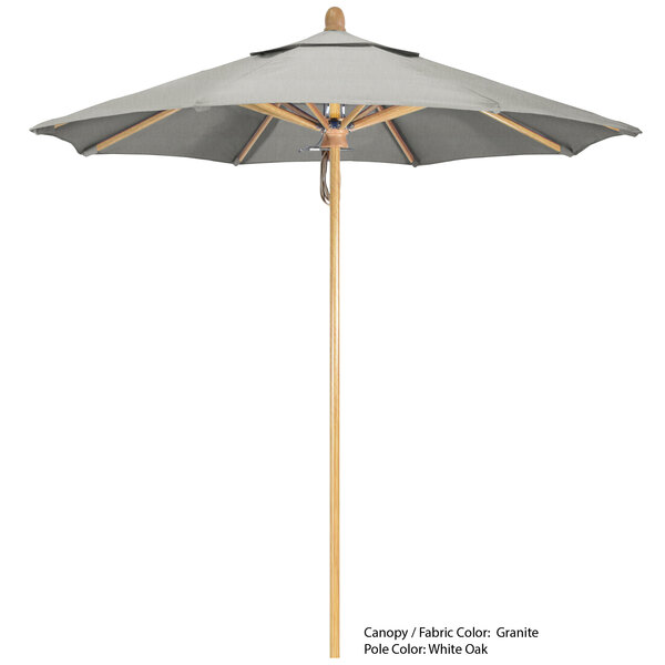 A grey California Umbrella with a Sunbrella canopy and wooden pole.