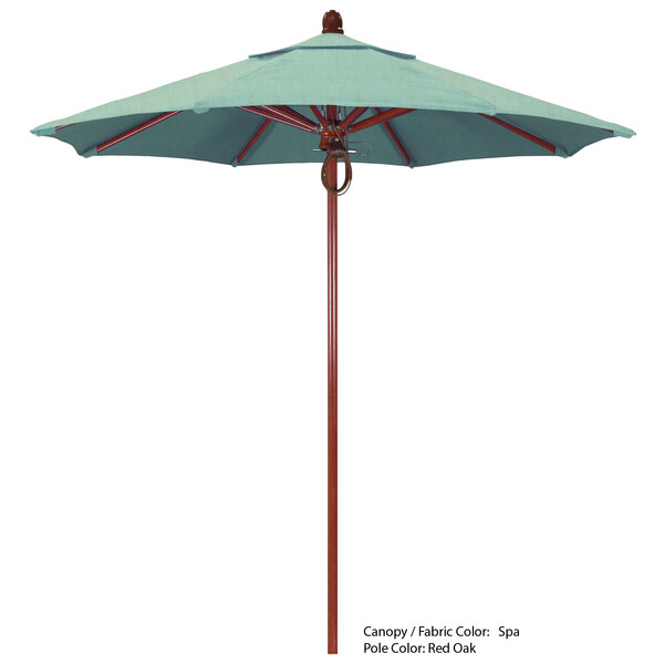 A close-up of a blue California Umbrella with a Sierra Sunbrella canopy.