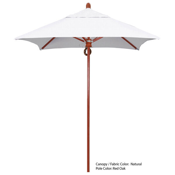 A white umbrella with a red pole.
