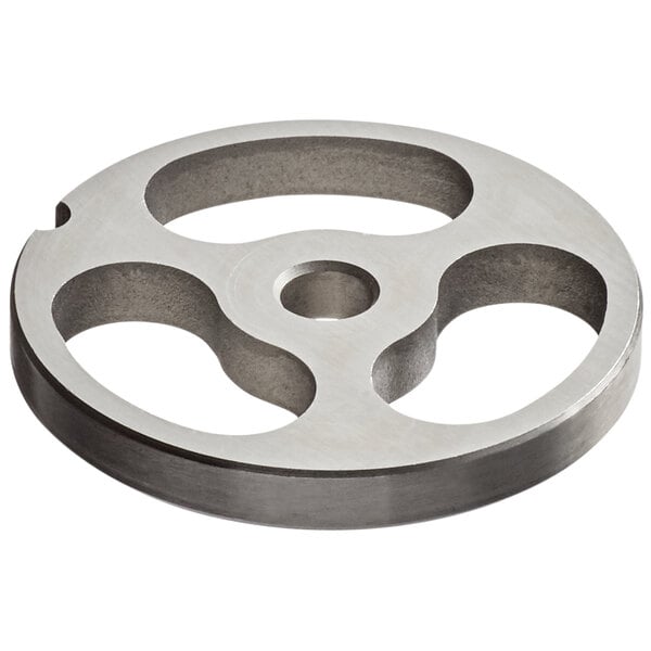 A Backyard Pro #12 sausage stuffer plate, a circular metal disc with holes.