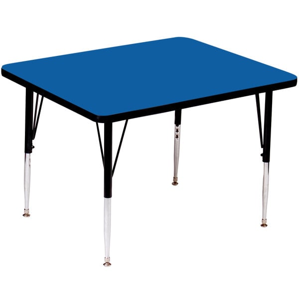 A blue square Correll activity table with black legs.