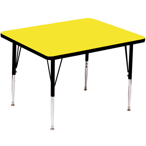 A yellow square Correll activity table with adjustable legs.