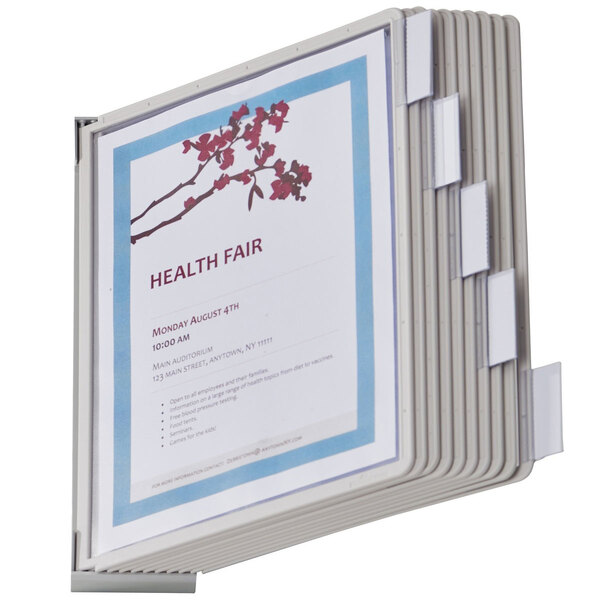 A Durable SHERPA wall-mount reference system with gray borders holding file folders.