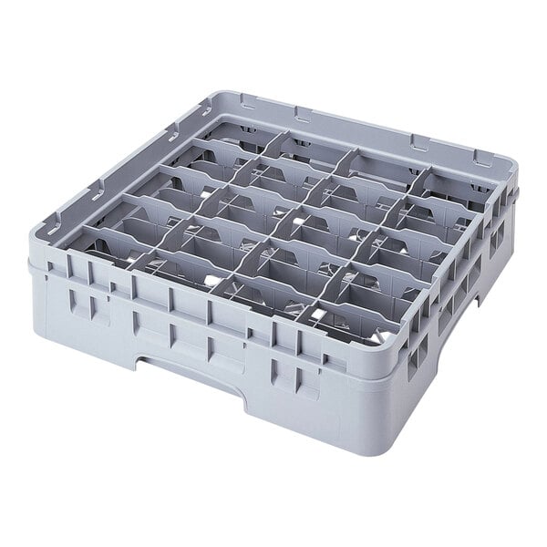 A grey plastic Cambro rack with 20 compartments.