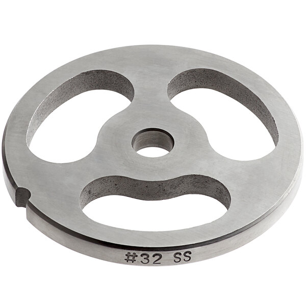 A white circular metal plate with holes and the number 32 on it.