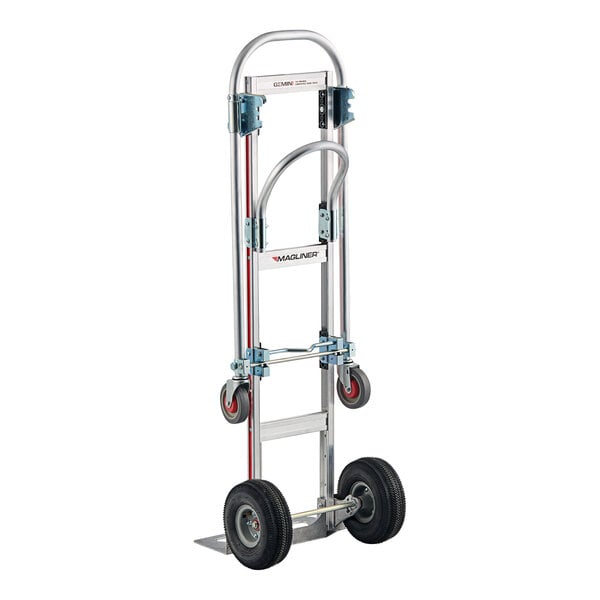 A silver Magliner convertible hand truck with black wheels and a black U-loop handle.