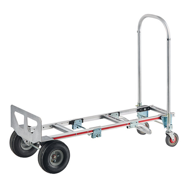 A silver metal Magliner hand truck with black wheels and a U-Loop handle.