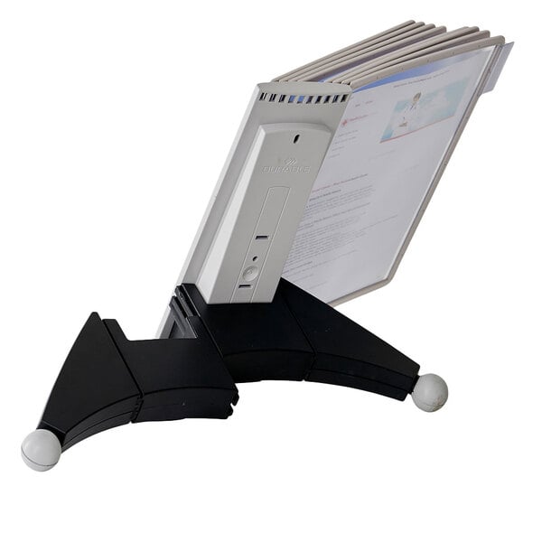 A gray Durable letter-sized desktop reference system with black and white borders holding documents.
