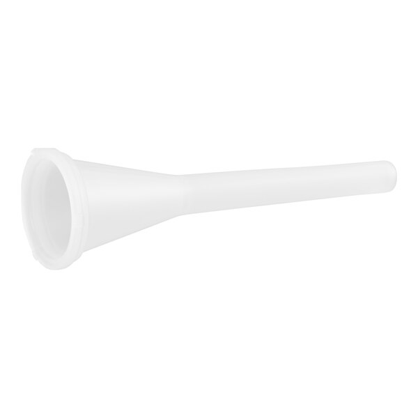 A white plastic 3/8-inch sausage stuffer tube designed for use with BSG meat grinders.