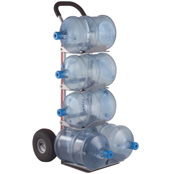 A Magliner hand truck with five water bottles on it.