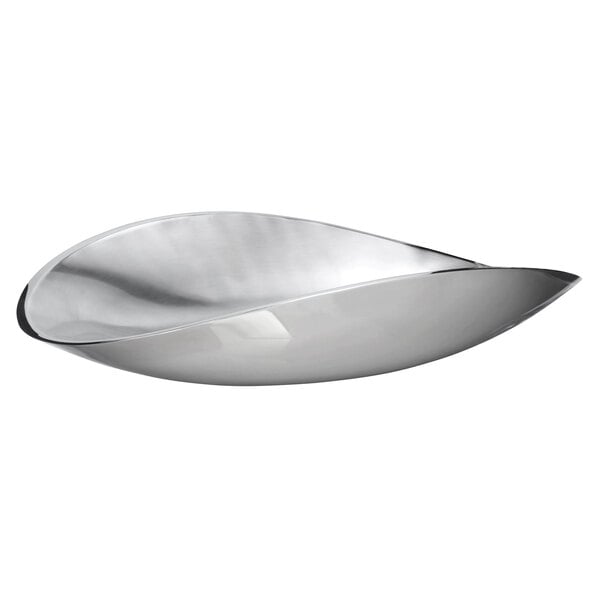 A stainless steel Bon Chef Petalo angled platter with a white background.
