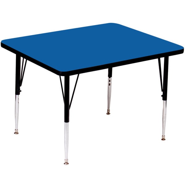 A blue square Correll activity table with adjustable black legs.