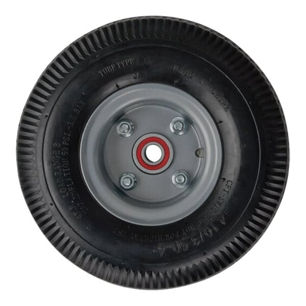 A close-up of a black wheel with a red rim.