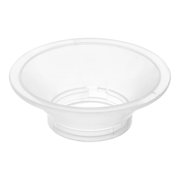 A clear plastic sausage stuffer flange designed for Backyard Pro Butcher Series #32 meat grinders.