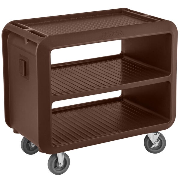 A dark brown Cambro service cart with wheels.