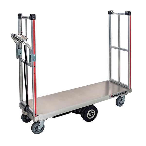 A silver and black Magliner motorized utility cart with wheels and handles.